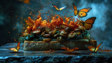 Wall Mural -   A macro shot of a slice of bread adorned with various toppings, surrounded by fluttering butterflies