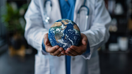 A physician clutching the planet Earth