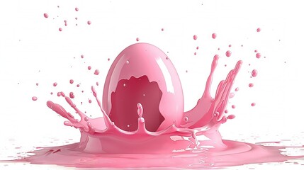 Wall Mural -   Pink liquid spills from egg onto white background, puddle expands