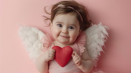 Wall Mural - Cute baby girl angel with wings with pink background