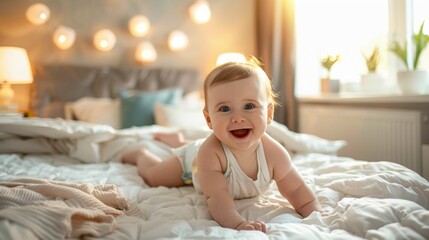 Cute little baby in bed.