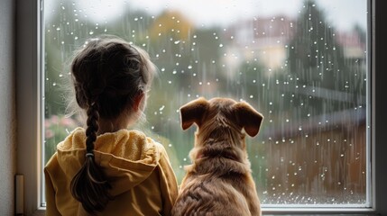 Wall Mural - Back view of a little kid sit with a dog by window with beautiful view in rainy day.