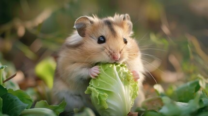 Wall Mural - Cute hamster eating cabbage