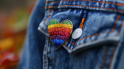 rainbow heart shaped enamel pin resting on a blue shirt