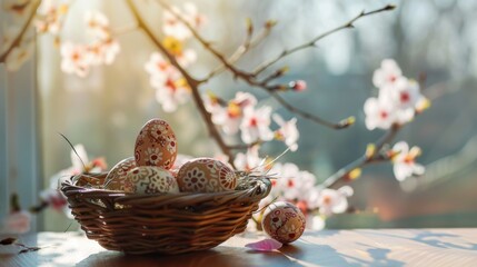 Wall Mural - a full basket of colorful easter eggs on wooden table with flower
