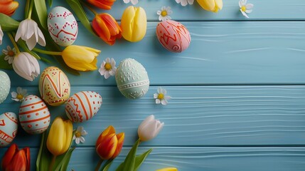 Wall Mural - beautiful easter eggs with colorful patterns decoration on wooden table