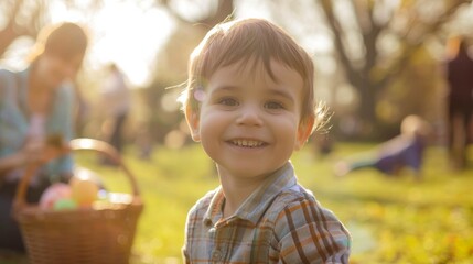 Wall Mural - portrait of a smiling child with basket of easter eggs