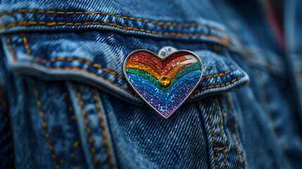 rainbow heart shaped enamel pin resting on a blue shirt