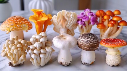 Wall Mural -   A cluster of mushrooms rests on a white countertop beside an orange and purple vase