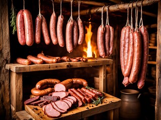 Wall Mural - traditional food smoked sausages smokehouse sausage meat smoke house dried tradition delicious diet smoky beef hanging fat prepared larder calorie epicure pork pantry cookery store domestic spicey