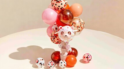 Sticker -  A white-topped table surrounded by numerous balloons and a cat figurine atop a balloon mound
