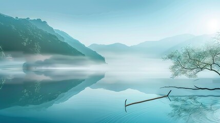 Wall Mural -   A painting of a serene lake surrounded by lush trees in the foreground, and a majestic mountain shrouded in ethereal mist in the background