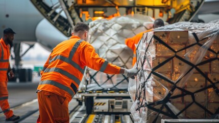 Poster - Workers loading goods into a cargo plane for international shipping.