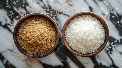 Canvas Print - White rice flour and brown rice in wooden bowl 