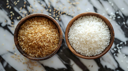 Poster - White rice flour and brown rice in wooden bowl 