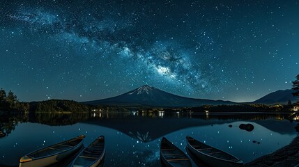   A pair of canoes glide on a tranquil lake beneath a star-studded sky and majestic mountains in the distance