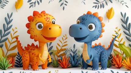 Two happy cartoon dinosaurs standing in a paper cutout jungle