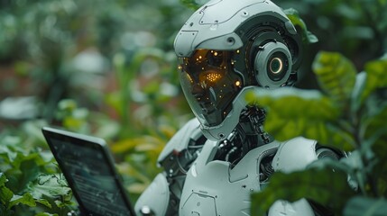 Aufkleber - A white robot with a glowing visor uses a laptop in a lush green environment.