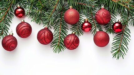 Wall Mural - Red Christmas Ornaments Hanging on Pine Branches