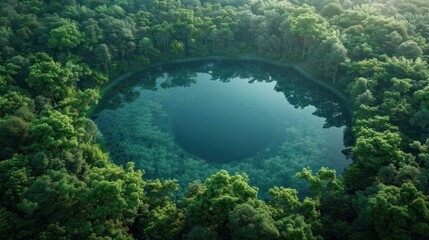 Wall Mural - Aerial View of a Circular Lake Surrounded by Lush Green Forest