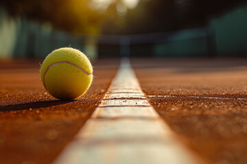 Canvas Print - low angle view of a tennis ball on a white line of a tennis court on a sunny day