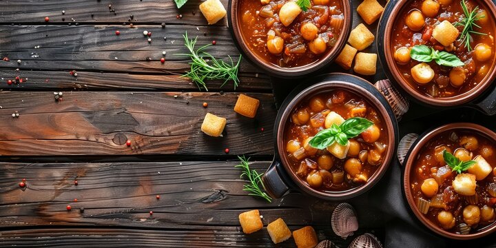 Delicious Hearty Vegetarian Stew with Chickpeas and Vegetables in Rustic Bowls, Garnished with Fresh Herbs on Wooden Tabletop
