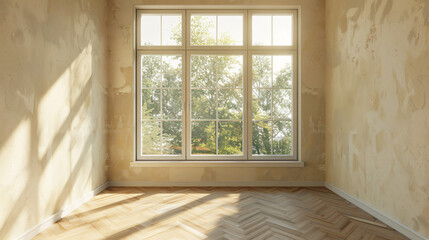 Poster - Large window letting in sunlight to brighten an empty room with damaged walls, in need of renovation