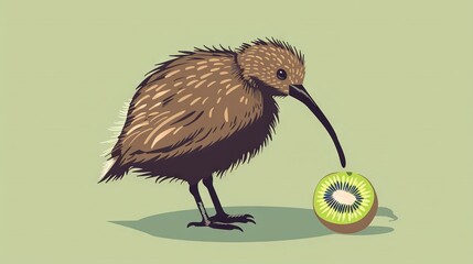 Wall Mural -   A kiwi stands beside its halved kiwis on a green backdrop