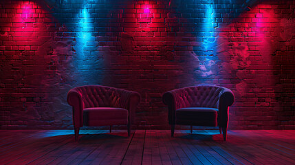 Poster - Empty stage awaiting performers with blue and red stage lights illuminating a brick wall