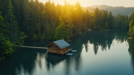 Wall Mural - Cabin on a Lake in the Forest at Sunset