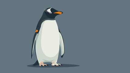 Poster -   A penguin stands on a gray background, wearing an orange headband and holding a black and white beak