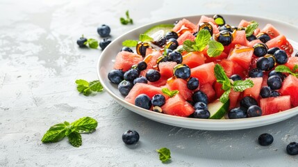 a watermelon and blueberry salad with a honey drizzle on a white plate, depicting a summer food concept against a light background.