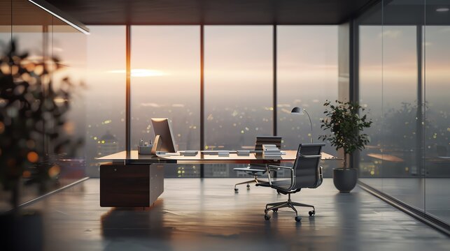 Softly blurred modern office with panoramic views, the exterior light perfectly balancing the interiors calm