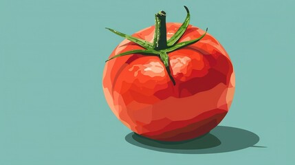   Close-up of a red tomato on a blue background with a green stem protruding from the top