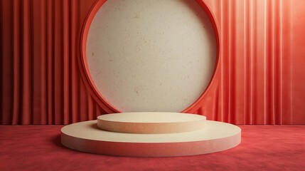 Wall Mural - A light round podium with red curtains on the background.   An empty showcase for displaying goods. 3D rendering.