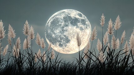 Wall Mural - a tall grass field rises before a full moon ascends into the deep blue night sky