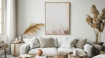 Poster - Modern, minimalist interior scene with a focus on a large, abstract artwork on the wall. The artwork has a beige background with white and golden brush strokes