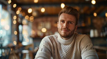 Poster - young freelancer is working remotely, enjoying the warmth and comfort of a local cafe