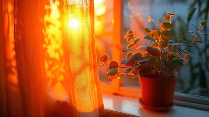 Sticker -   A sunlit potted plant sits on a window sill