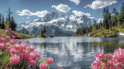 Wall Mural -   A stunning photo of a mountain lake with vibrant pink flowers in the foreground and a serene blue sky with fluffy clouds in the backdrop