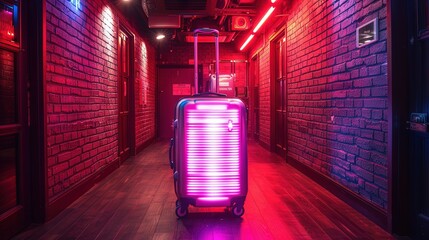 Wall Mural -  Red brick walls, rolling suitcase lit by purple and red lights