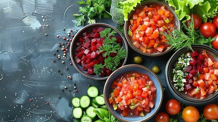  A table with bowls brimming with vegetables beside piles of cucumber and tomato
