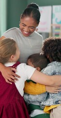 Aufkleber - Happy woman, teacher and hug with students for childhood development, learning or education at school. Young female person or educator with smile for embrace, children or love in elementary classroom