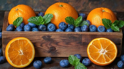 Wall Mural -   A crate containing oranges and blueberries stands beside piles of blueberries