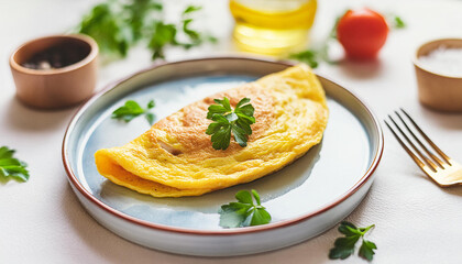 Wall Mural - Tasty omelet in plate. Healthy food for breakfast. Vegetarian dish. Nutritious meal. Delicious food.