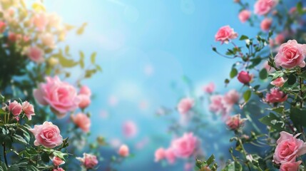 Wall Mural - Beautiful spring border, blooming rose bush on a blue background, copy and text space, 16:9