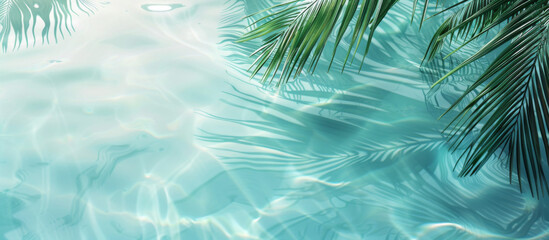 A beautiful light blue water background with palm leaves, creating an atmosphere of calm and tranquility. The gentle ripples on the surface add to its serene charm. 