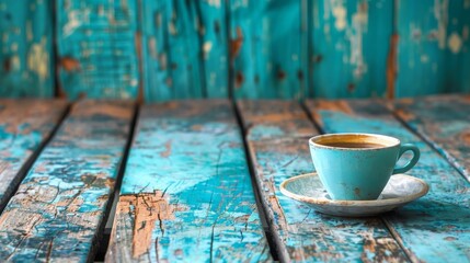 Cup of hot coffee on an old wooden table, sunrays, copy and text space, 16:9