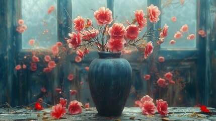 Poster - Pink flowers falling gracefully into a vase on a wooden table