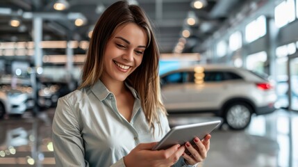 A smiling woman using a tablet in a car dealership showroom stands with new cars visible in the blurred background